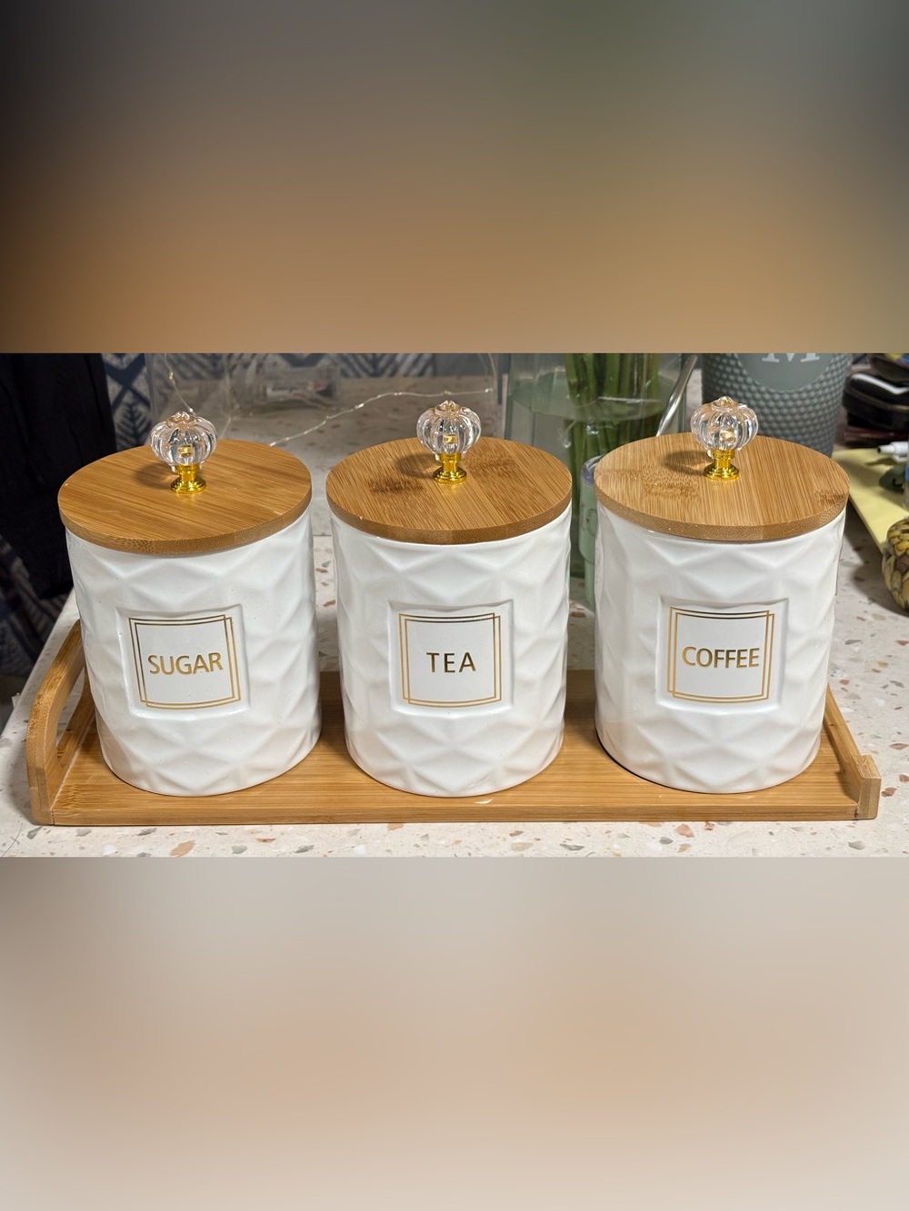 Set of 3 Ceramic Canisters for Sugar Coffee, Tea with Tray - Picture 9 of 17